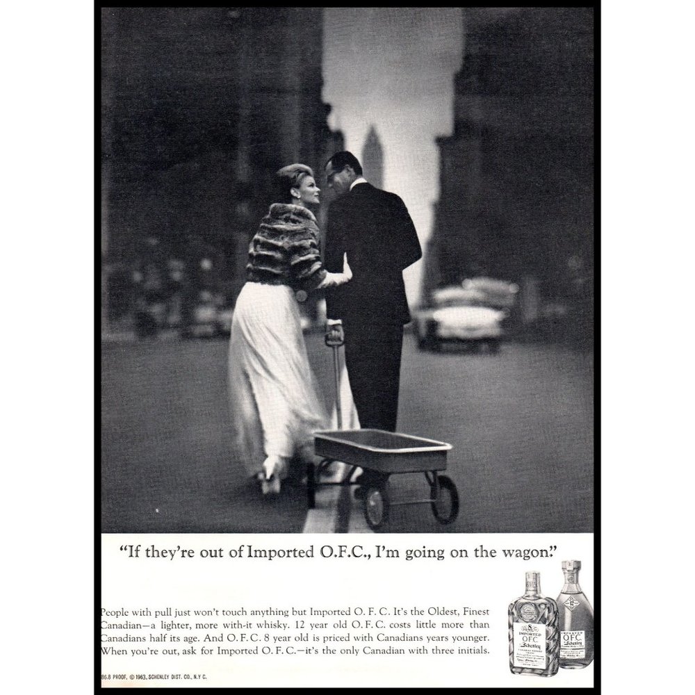 1963 OFC Schenley Whisky Vintage Print Ad City Skyline Fur Coat Wagon Wall Art